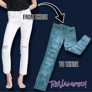 NWOT Originally White Distressed Skinny Jeans Now Teal Marbled. Size 27